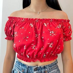 red floral puff sleeve crop top
